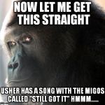 Usher with the Migos | NOW LET ME GET THIS STRAIGHT USHER HAS A SONG WITH THE MIGOS CALLED "STILL GOT IT" HMMM..... | image tagged in animals,gorilla,now let me get this straight,usher,migos | made w/ Imgflip meme maker