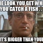 jaws | THE LOOK YOU GET WHEN YOU CATCH A FISH . . . AND IT'S BIGGER THAN YOUR NET | image tagged in jaws | made w/ Imgflip meme maker