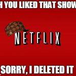 scumbag netflix | OH YOU LIKED THAT SHOW? SORRY, I DELETED IT | image tagged in scumbag netflix,scumbag | made w/ Imgflip meme maker