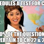 Scumbag Teacher | SCHEDULES A TEST FOR CH 21 90% OF THE QUESTIONS PERTAIN TO CH 22 & 23 | image tagged in scumbag teacher | made w/ Imgflip meme maker