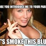 let's meet your folks | BEFORE YOU INTRODUCE ME TO YOUR PARENTS LET'S SMOKE THIS BLUNT | image tagged in cigar babe,memes,weed | made w/ Imgflip meme maker
