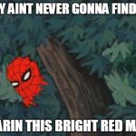 Spiderman Bushes | THEY AINT NEVER GONNA FIND ME WEARIN THIS BRIGHT RED MASK | image tagged in spiderman bushes | made w/ Imgflip meme maker