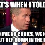 Brian Williams sincere | SO THAT'S WHEN I TOLD SULLY WE HAVE NO CHOICE, WE HAVE TO PUT HER DOWN IN THE RIVER | image tagged in brian williams | made w/ Imgflip meme maker