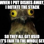 Owly | WHEN I PUT DISHES AWAY, I ROTATE THE STACK SO THEY ALL GET USED IT'S FAIR TO THE WHOLE SET | image tagged in owly | made w/ Imgflip meme maker