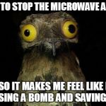 I don't think I'm the only one out there | I LIKE TO STOP THE MICROWAVE AT 0:01 SO IT MAKES ME FEEL LIKE I DEFUSING A BOMB AND SAVING LIVES | image tagged in memes,weird stuff i do potoo | made w/ Imgflip meme maker