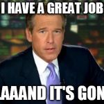 empathy ....empathy everywhere! | I HAVE A GREAT JOB ...AAAND IT'S GONE | image tagged in brian williams | made w/ Imgflip meme maker