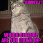 Cat stare | SERIOUSLY!! WHICH CENTURY ARE YOU LIVING IN? | image tagged in cat stare | made w/ Imgflip meme maker