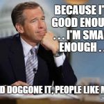 Brian Williams | BECAUSE I'M GOOD ENOUGH . . . I'M SMART ENOUGH . . . AND DOGGONE IT, PEOPLE LIKE ME! | image tagged in brian williams | made w/ Imgflip meme maker