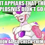 Frieza  | IT APPEARS THAT THE EXPLOSIVES DIDN'T GO OFF MINION 44, GO CHECK THEM OUT | image tagged in frieza,dbz | made w/ Imgflip meme maker