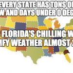 us maps | EVERY STATE HAS TONS OF SNOW AND DAYS UNDER 0 DEGREES AND FLORIDA'S CHILLING WITH COMFY WEATHER ALMOST 24/7 | image tagged in us maps,scumbag | made w/ Imgflip meme maker