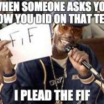 I plead the Fif | WHEN SOMEONE ASKS YOU HOW YOU DID ON THAT TEST I PLEAD THE FIF | image tagged in i plead the fif,memes,funny | made w/ Imgflip meme maker