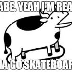 Skateboards Cow | HEY BABE, YEAH I'M REAL MAN WANNA GO SKATEBOARDZ?? | image tagged in skateboards cow | made w/ Imgflip meme maker