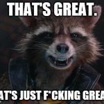Rocket Raccoon | THAT'S GREAT. THAT'S JUST F*CKING GREAT!! | image tagged in rocket raccoon | made w/ Imgflip meme maker
