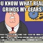 You know what really grinds my gears? | YOU KNOW WHAT REALLY GRINDS MY GEARS WHEN YOU TYPE SOMETHING THAT TOOK FIVE  MINUTES, AND YOU SPELL ONE WORD WRONG, AND EVERYONE IS YELLING  | image tagged in you know what really grinds my gears | made w/ Imgflip meme maker