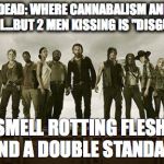 Walking dead 113 | WALKING DEAD: WHERE CANNABALISM
AND MURDER ARE COOL...BUT 2 MEN KISSING IS "DISGUSTING!" I SMELL ROTTING FLESH...   AND A DOUBLE STANDARD | image tagged in walking dead 113 | made w/ Imgflip meme maker