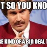 ron burgandy | JUST SO YOU KNOW... YOU'RE KIND OF A BIG DEAL TO ME | image tagged in ron burgandy | made w/ Imgflip meme maker