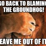 In like a lion | GO BACK TO BLAMING THE GROUNDHOG! LEAVE ME OUT OF IT! | image tagged in embarrassed lion,memes | made w/ Imgflip meme maker
