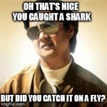 Mr Chow | OH THAT'S NICE YOU CAUGHT A SHARK BUT DID YOU CATCH IT ON A FLY? | image tagged in mr chow | made w/ Imgflip meme maker