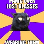 Lost Glasses | PANIC OVER LOST GLASSES WEARING THEM | image tagged in anxiety cat | made w/ Imgflip meme maker
