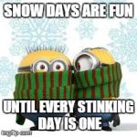 winter minions | SNOW DAYS ARE FUN UNTIL EVERY STINKING DAY IS ONE | image tagged in winter minions | made w/ Imgflip meme maker