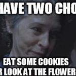 Carol threat | YOU HAVE TWO CHOICES EAT SOME COOKIES OR LOOK AT THE FLOWERS | image tagged in carol threat | made w/ Imgflip meme maker