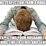 Books | EXPECTING PERFECTION FROM A ROUGH DRAFT IS LIKE EXPECTING YOUR HUSBAND TO KNOW THE OPENING LINE TO SENSE AND SENSIBILITY. | image tagged in books | made w/ Imgflip meme maker