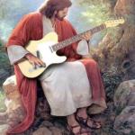 Jesus trying out a guitar