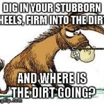 dig in your heels | DIG IN YOUR STUBBORN HEELS, FIRM INTO THE DIRT AND WHERE IS THE DIRT GOING? | image tagged in dig in your heels | made w/ Imgflip meme maker