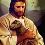 Jesus hugging a dinosaur