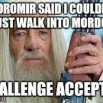 Shotgun Gandalf | BOROMIR SAID I COULDNT JUST WALK INTO MORDOR CHALLENGE ACCEPTED | image tagged in shotgun gandalf | made w/ Imgflip meme maker