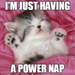 Cute Kitten Power nap | I'M JUST HAVING A POWER NAP | image tagged in kitten sleeping,cat nap,power naps,sleeping cats,cute | made w/ Imgflip meme maker