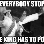 elvis stop | EVERYBODY STOP THE KING HAS TO POOP | image tagged in elvis stop,elvis,poop,stop,king | made w/ Imgflip meme maker