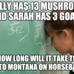 Common Core Logic | IF BILLY HAS 13 MUSHROOMS AND SARAH HAS 3 GOATS HOW LONG WILL IT TAKE TO GET TO MONTANA ON HORSEBACK? | image tagged in math,memes | made w/ Imgflip meme maker