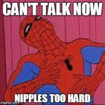 The Erotic Adventures of Spiderman | CAN'T TALK NOW NIPPLES TOO HARD | image tagged in spiderman,there go my nipples again,pervyman,funny,memes | made w/ Imgflip meme maker