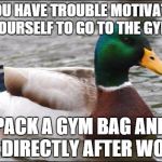 Actual Advice Mallard | IF YOU HAVE TROUBLE MOTIVATING YOURSELF TO GO TO THE GYM PACK A GYM BAG AND GO DIRECTLY AFTER WORK. | image tagged in actual advice mallard | made w/ Imgflip meme maker