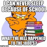 School was stupid, it still is | I CAN NEVER SLEEP BECAUSE OF SCHOOL WHAT THE HELL HAPPENED TO THE 1800'S? | image tagged in garfield knows | made w/ Imgflip meme maker