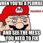 Mamma Mia | WHEN YOU'RE A PLUMBER AND SEE THE MESS YOU NEED TO FIX | image tagged in mamma mia,mario | made w/ Imgflip meme maker
