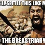 300 gladiator | WE'LL SETTLE THIS LIKE MEN TO THE BREASTRIARY!!! | image tagged in 300 gladiator | made w/ Imgflip meme maker