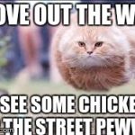 flying cat ball | MOVE OUT THE WAY I SEE SOME CHICKEN UP THE STREET PEWWW | image tagged in flying cat ball | made w/ Imgflip meme maker