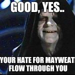 This is why Sith lords love boxing.. | GOOD, YES.. LET YOUR HATE FOR MAYWEATHER FLOW THROUGH YOU | image tagged in emperor palpatine,memes,funny,boxing,star wars | made w/ Imgflip meme maker