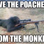 monkeys n guns | SAVE THE POACHERS FROM THE MONKEYS | image tagged in monkeys n guns | made w/ Imgflip meme maker