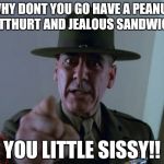 Sergeant Hartmann | WHY DONT YOU GO HAVE A PEANUT BUTTHURT AND JEALOUS SANDWICH! YOU LITTLE SISSY!! | image tagged in memes,sergeant hartmann | made w/ Imgflip meme maker