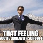 Robert Downey Jr | THAT FEELING WHEN YOU'RE DONE WITH SCHOOL FOREVER | image tagged in robert downey jr | made w/ Imgflip meme maker