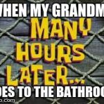 Many Hours Later... | WHEN MY GRANDMA GOES TO THE BATHROOM | image tagged in many hours later | made w/ Imgflip meme maker