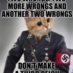 Nazi cat in uniform | TWO WRONGS, TWO MORE WRONGS AND ANOTHER TWO WRONGS DON'T MAKE A THIRD REICH | image tagged in nazi cat in uniform | made w/ Imgflip meme maker