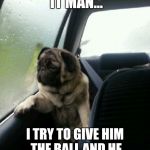 Introspective Pug | I DONT GET IT MAN... I TRY TO GIVE HIM THE BALL AND HE JUST THROWS IT AWAY | image tagged in introspective pug | made w/ Imgflip meme maker