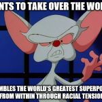 Wants To Take Over The World..... | WANTS TO TAKE OVER THE WORLD CRUMBLES THE WORLD'S GREATEST SUPERPOWER FROM WITHIN THROUGH RACIAL TENSION | image tagged in wants to take over the world,pinky and the brain | made w/ Imgflip meme maker