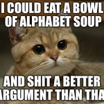 Stare cat | I COULD EAT A BOWL OF ALPHABET SOUP AND SHIT A BETTER ARGUMENT THAN THAT | image tagged in stare cat | made w/ Imgflip meme maker