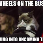 Grumpy Cat Driving | THE WHEELS ON THE BUS GO... SWERVING INTO ONCOMING TRAFFIC | image tagged in grumpy cat driving | made w/ Imgflip meme maker