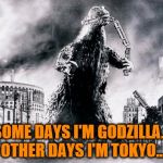 Godzilla Takes An Evening Stroll | SOME DAYS I'M GODZILLA... OTHER DAYS I'M TOKYO... | image tagged in godzilla takes an evening stroll | made w/ Imgflip meme maker